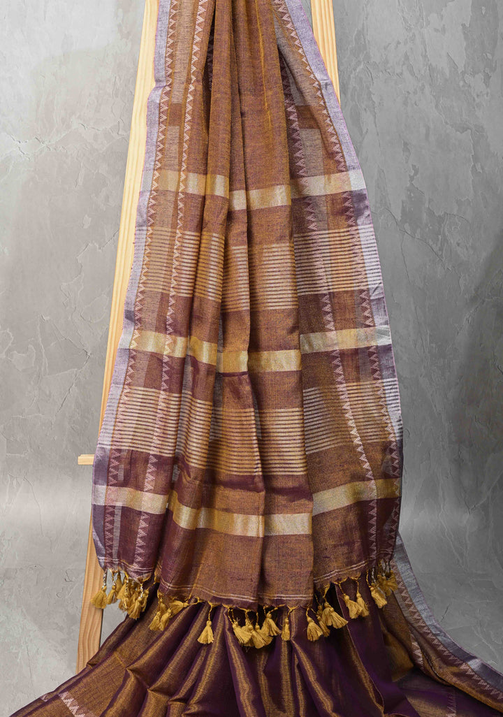 Camel Brown Dual tone Tissue by Tissue Saree with Temple Stripes and Minimal Borders