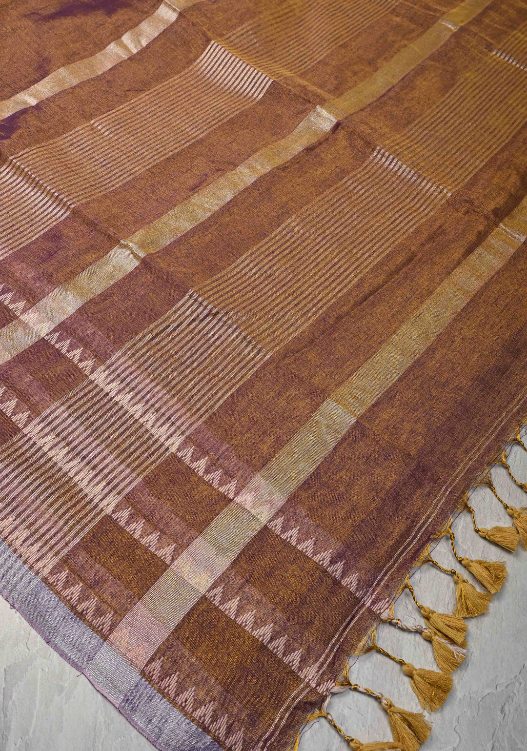 Camel Brown Dual tone Tissue by Tissue Saree with Temple Stripes and Minimal Borders