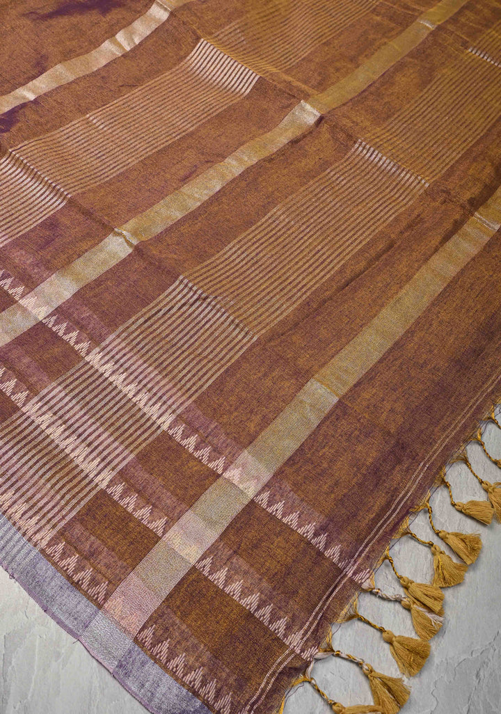 Camel Brown Dual tone Tissue by Tissue Saree with Temple Stripes and Minimal Borders