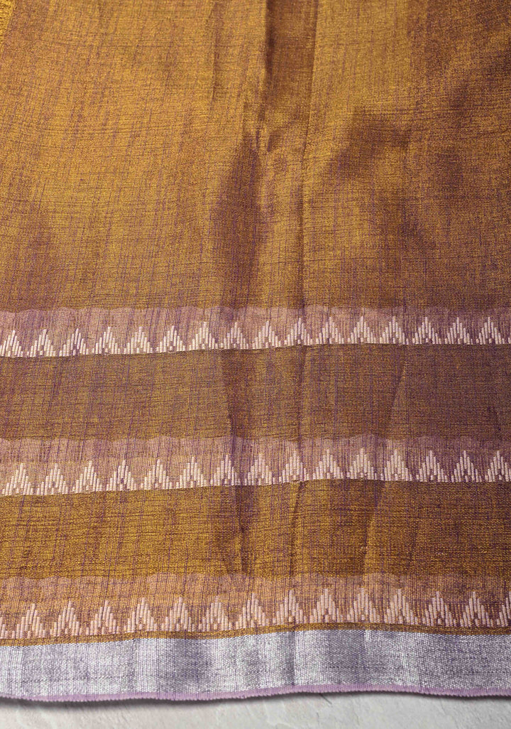 Camel Brown Dual tone Tissue by Tissue Saree with Temple Stripes and Minimal Borders
