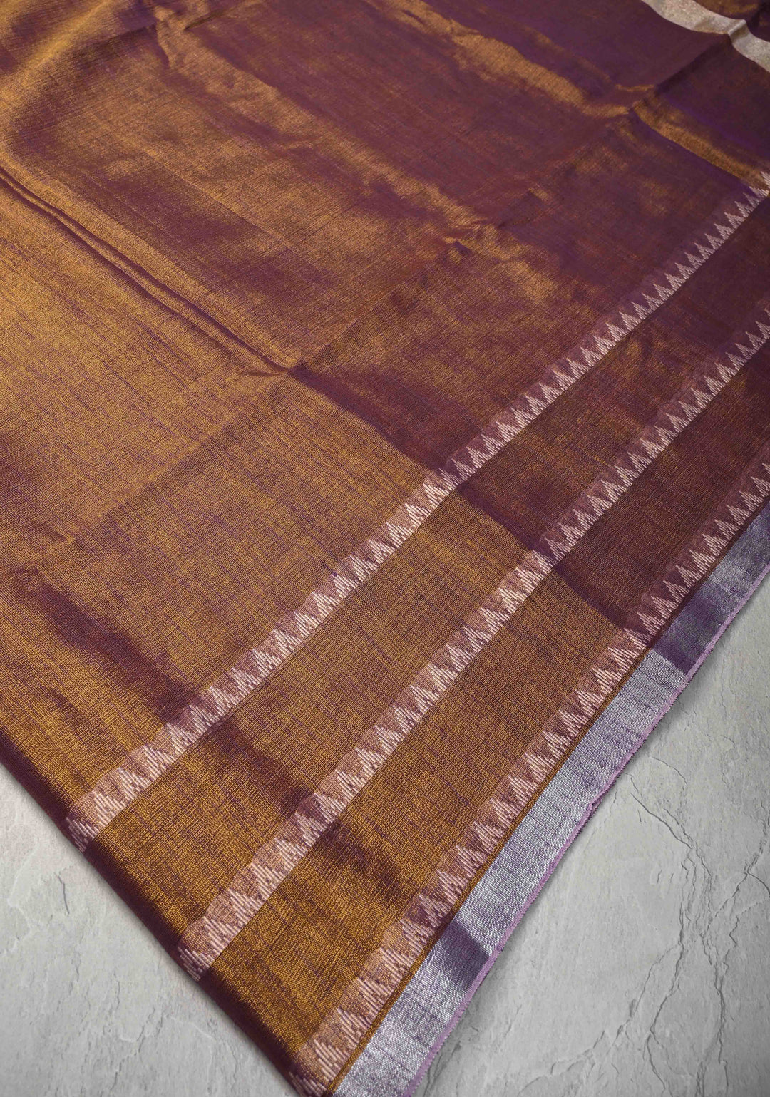 Camel Brown Dual tone Tissue by Tissue Saree with Temple Stripes and Minimal Borders