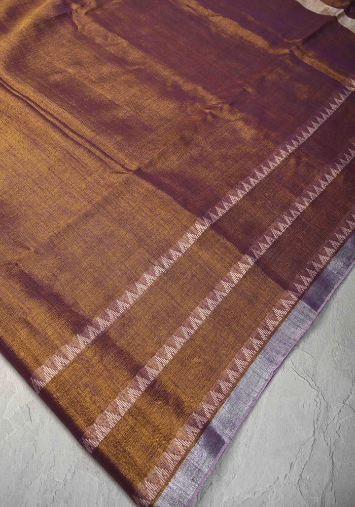 Camel Brown Dual tone Tissue by Tissue Saree with Temple Stripes and Minimal Borders