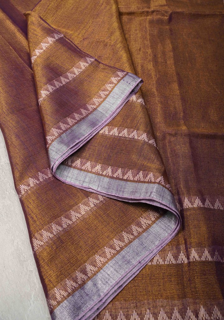 Camel Brown Dual tone Tissue by Tissue Saree with Temple Stripes and Minimal Borders