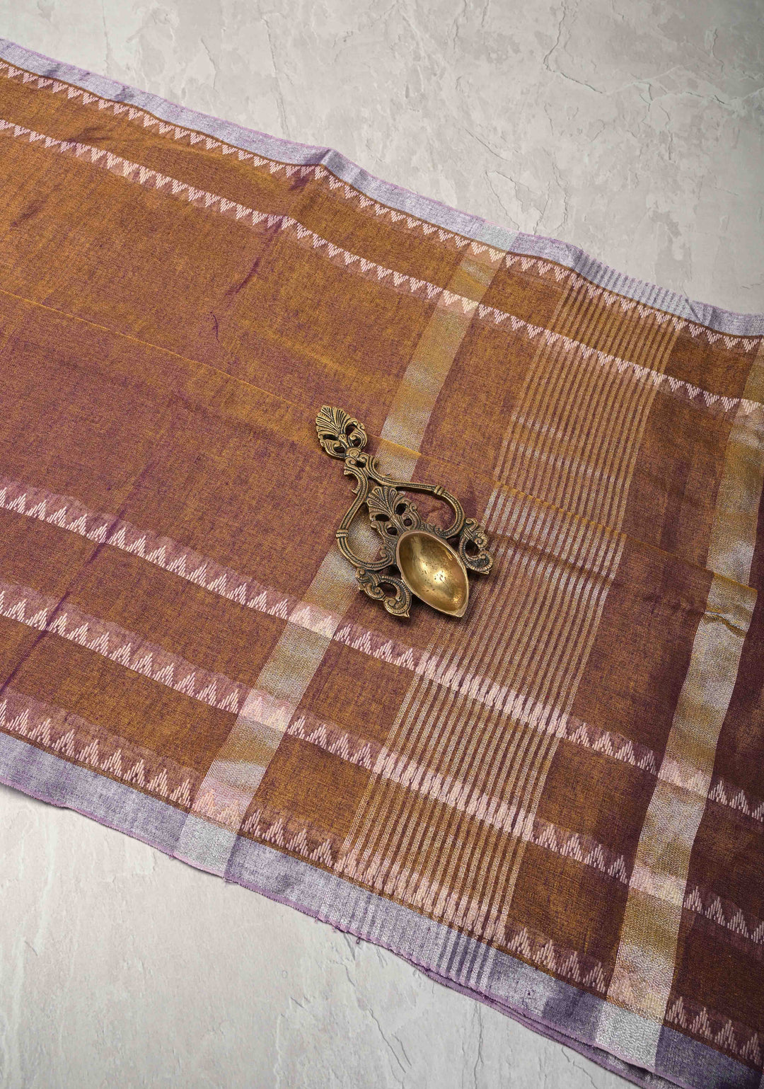 Camel Brown Dual tone Tissue by Tissue Saree with Temple Stripes and Minimal Borders