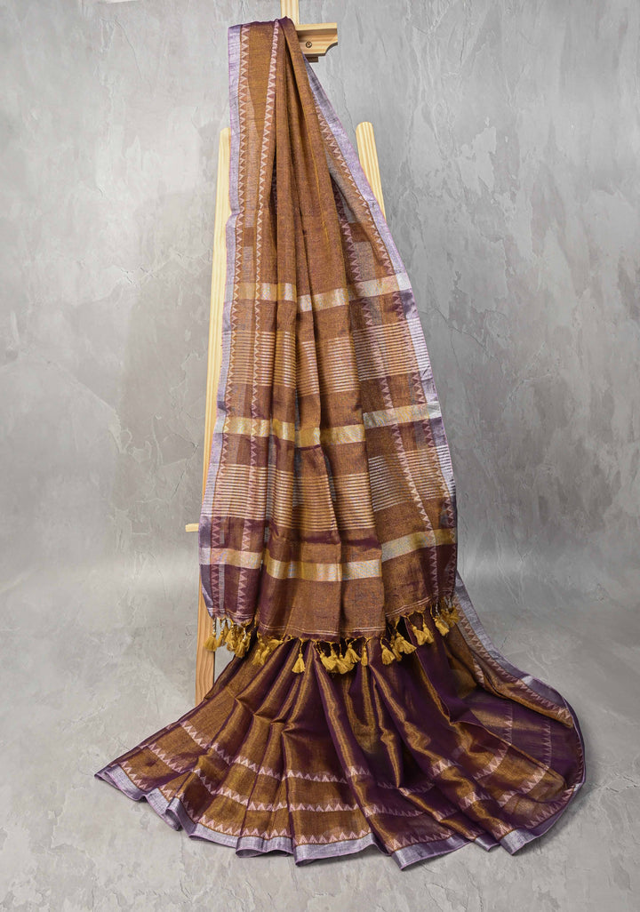 Camel Brown Dual tone Tissue by Tissue Saree with Temple Stripes and Minimal Borders