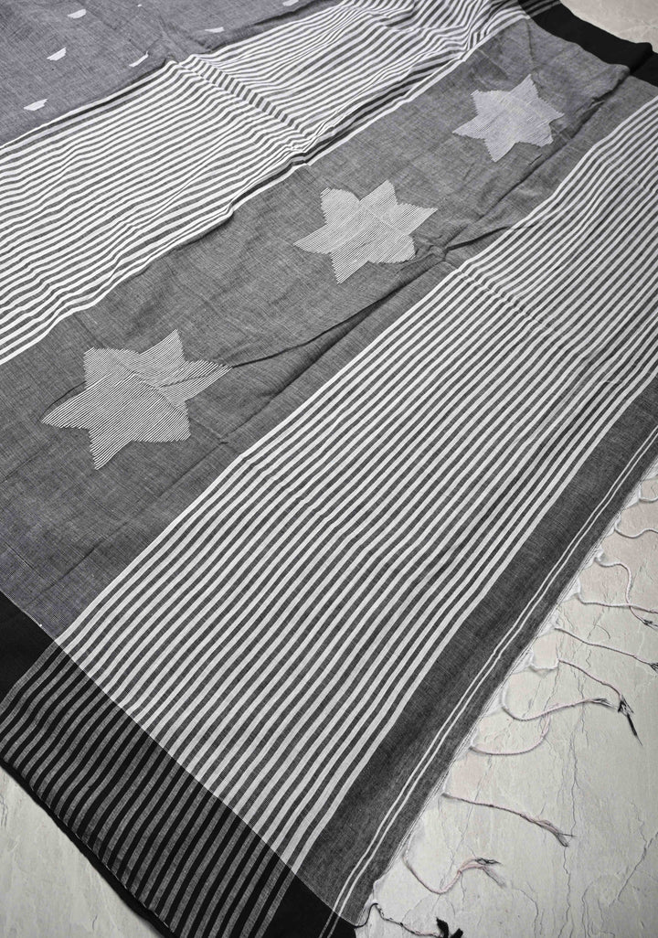 Gray Bengal Cotton saree in With Contrast Temple Border with Long Tassels