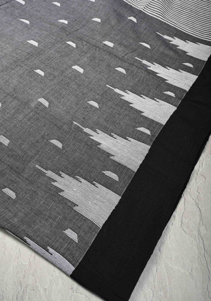 Gray Bengal Cotton saree in With Contrast Temple Border with Long Tassels