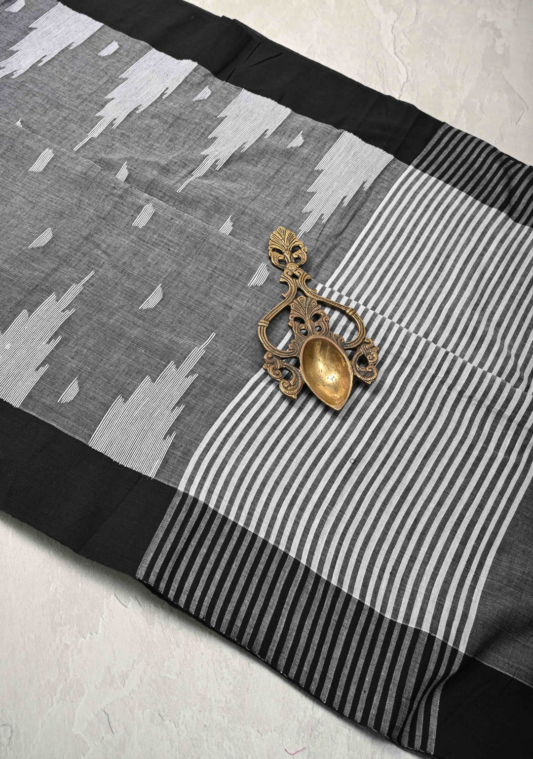 Gray Bengal Cotton saree in With Contrast Temple Border with Long Tassels