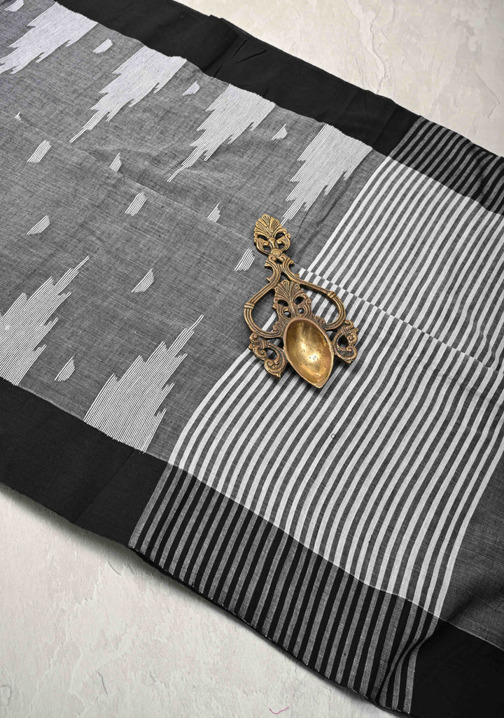Gray Bengal Cotton saree in With Contrast Temple Border with Long Tassels
