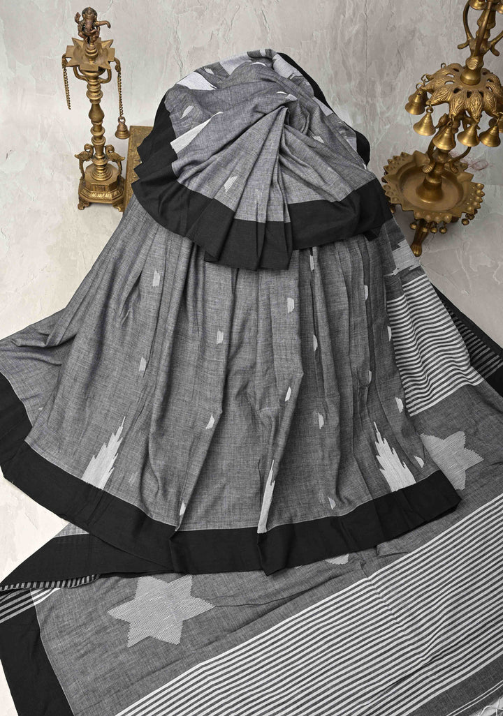 Gray Bengal Cotton saree in With Contrast Temple Border with Long Tassels