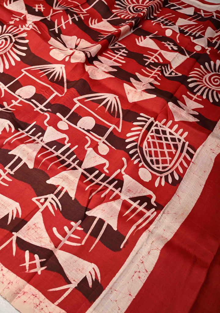 Bishnupuri Silk Saree with Floral Hand Wax Batik Silk Saree in Beige and Red | SILK MARK CERTIFIED