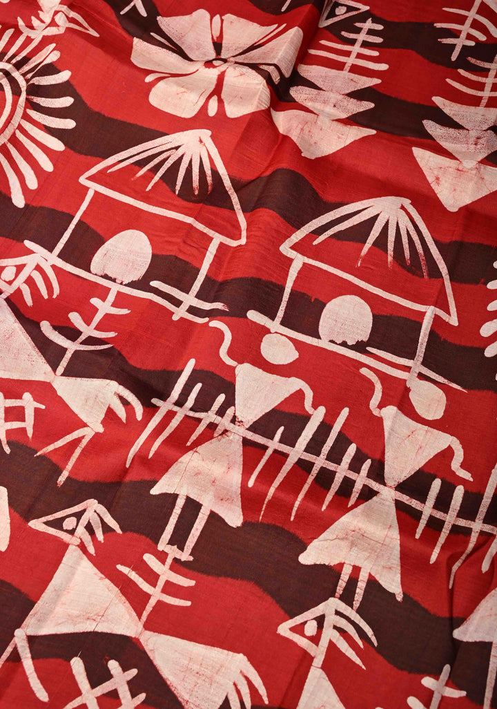 Bishnupuri Silk Saree with Floral Hand Wax Batik Silk Saree in Beige and Red | SILK MARK CERTIFIED
