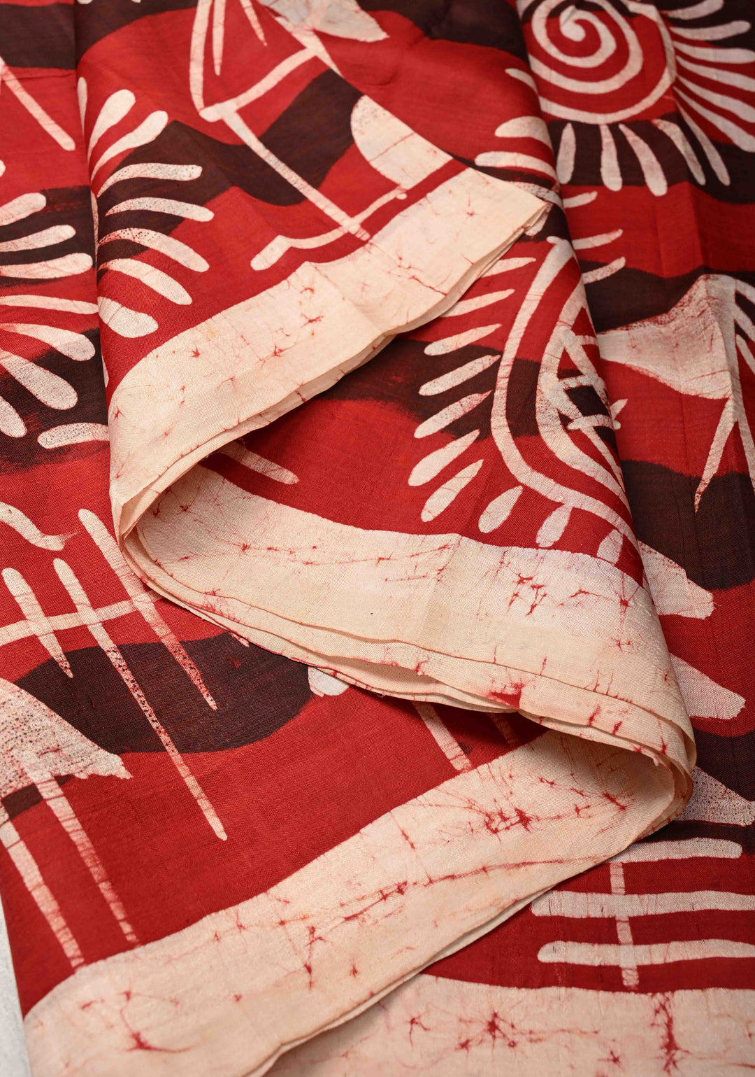 Bishnupuri Silk Saree with Floral Hand Wax Batik Silk Saree in Beige and Red | SILK MARK CERTIFIED