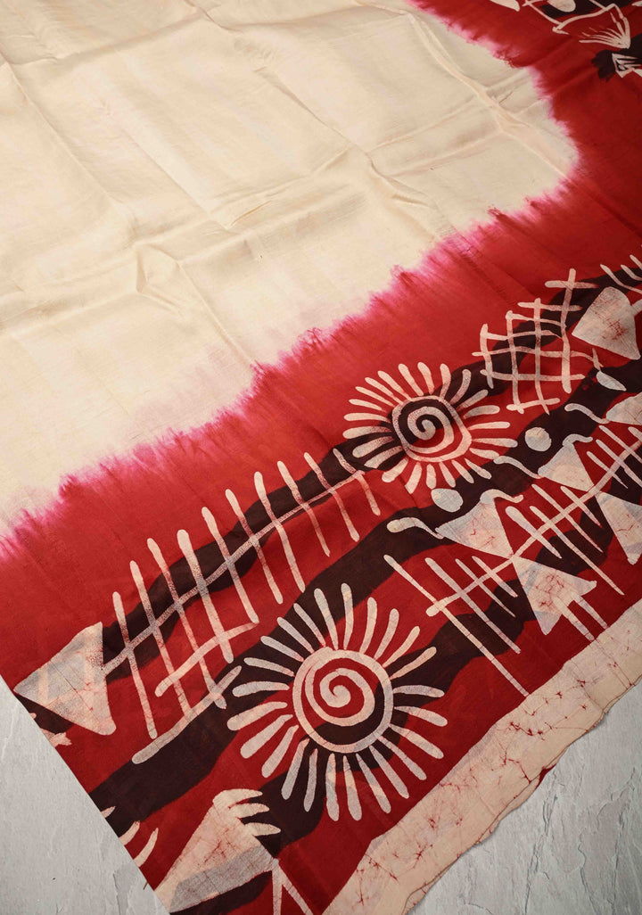Bishnupuri Silk Saree with Floral Hand Wax Batik Silk Saree in Beige and Red | SILK MARK CERTIFIED