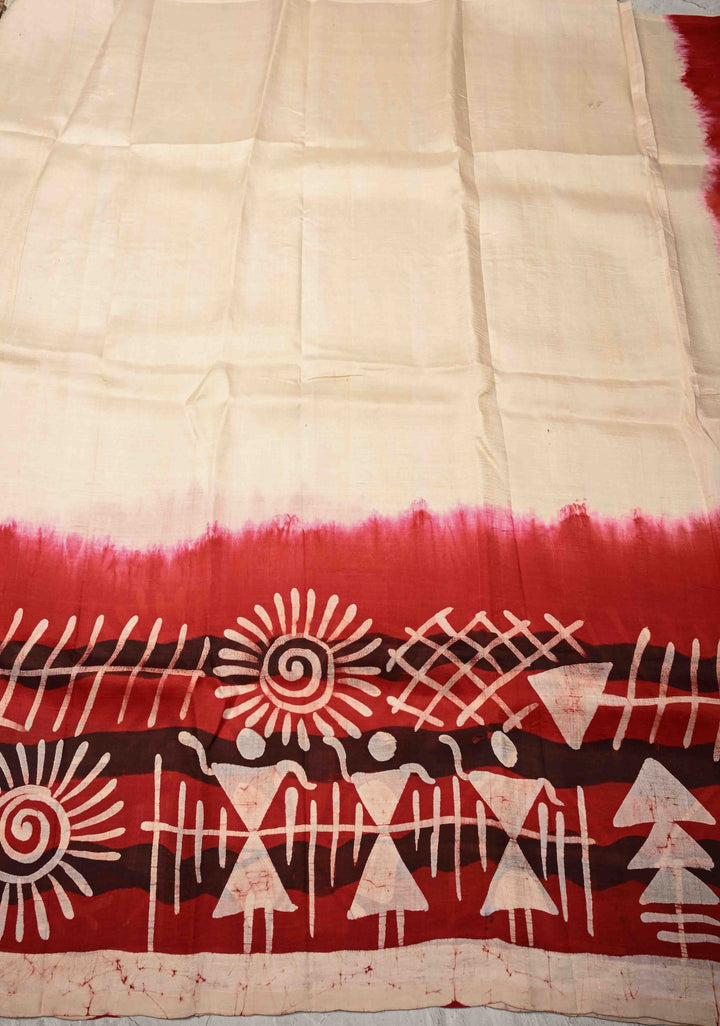 Bishnupuri Silk Saree with Floral Hand Wax Batik Silk Saree in Beige and Red | SILK MARK CERTIFIED