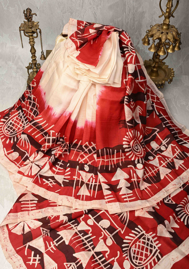 Bishnupuri Silk Saree with Floral Hand Wax Batik Silk Saree in Beige and Red | SILK MARK CERTIFIED