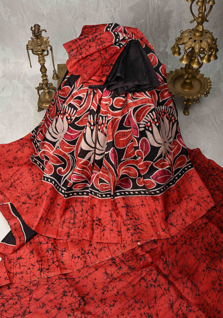 Bishnupuri  Floral Hand Wax Batik Silk Saree in Red | SILK MARK CERTIFIED