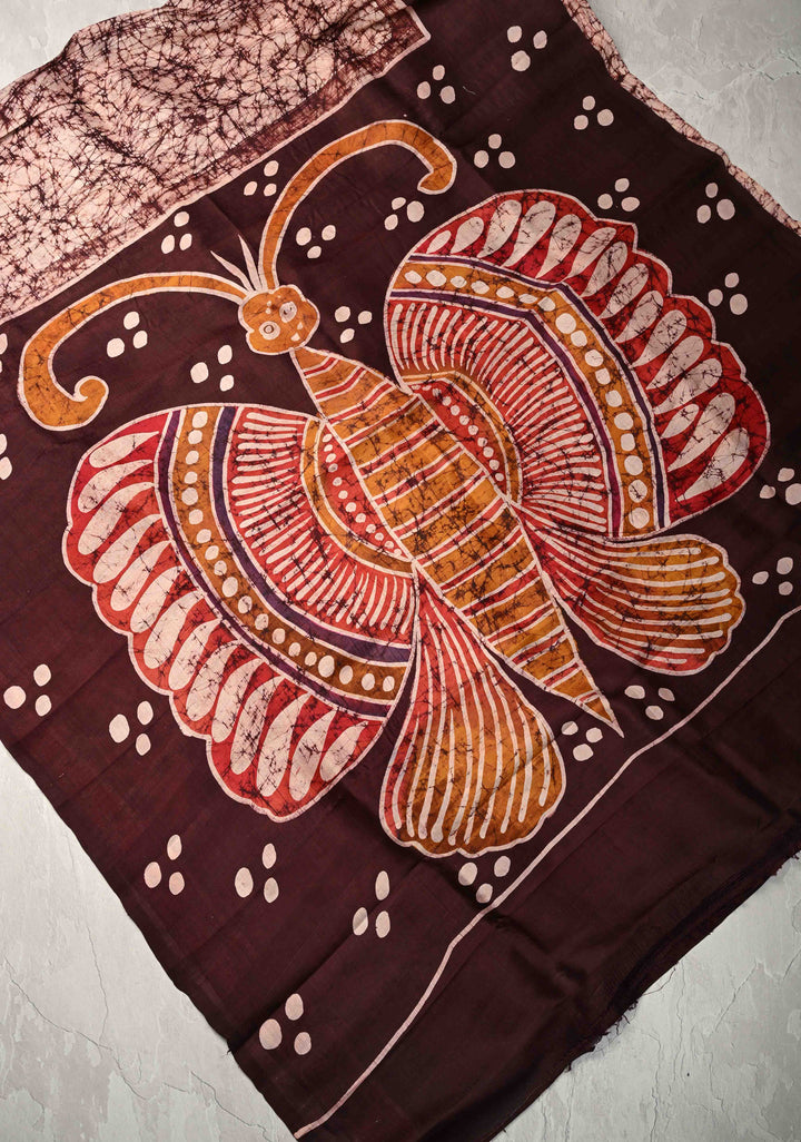 Bishnupuri Silk Saree with Floral Hand Wax Batik Silk Saree in Beige and Brown | SILK MARK CERTIFIED