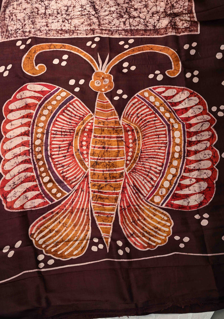 Bishnupuri Silk Saree with Floral Hand Wax Batik Silk Saree in Beige and Brown | SILK MARK CERTIFIED