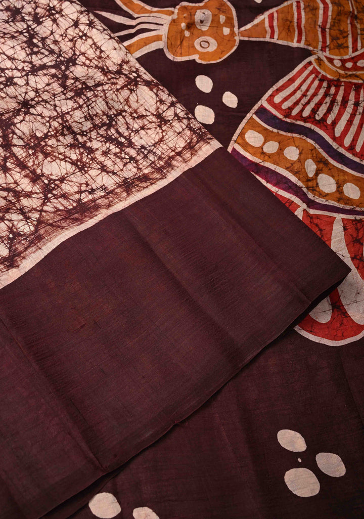 Bishnupuri Silk Saree with Floral Hand Wax Batik Silk Saree in Beige and Brown | SILK MARK CERTIFIED