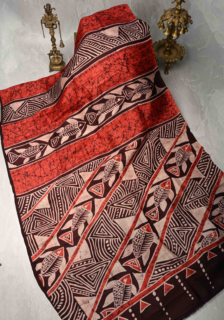 Bishnupuri Silk Saree with Floral Hand Wax Batik Silk Saree in Beige, Red and Brown | SILK MARK CERTIFIED