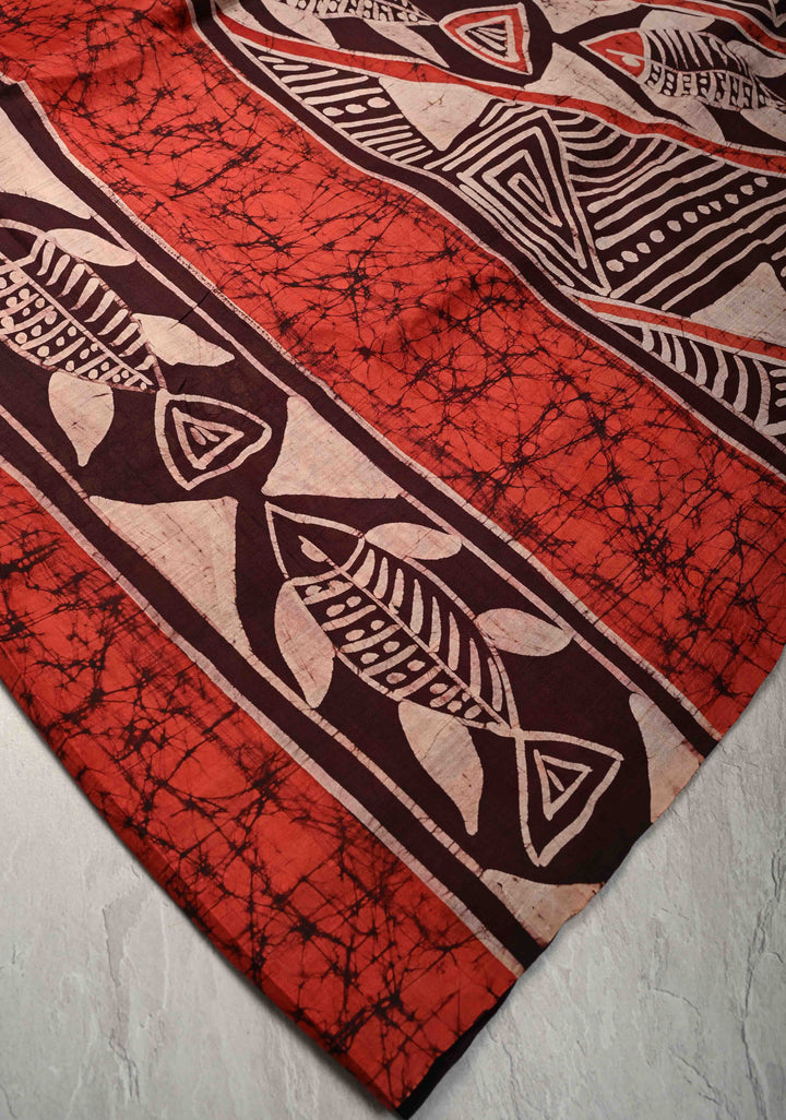 Bishnupuri Silk Saree with Floral Hand Wax Batik Silk Saree in Beige, Red and Brown | SILK MARK CERTIFIED