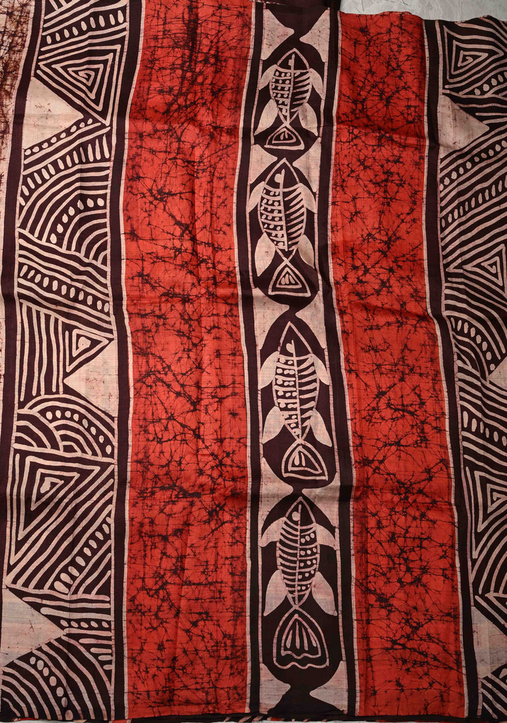 Bishnupuri Silk Saree with Floral Hand Wax Batik Silk Saree in Beige, Red and Brown | SILK MARK CERTIFIED