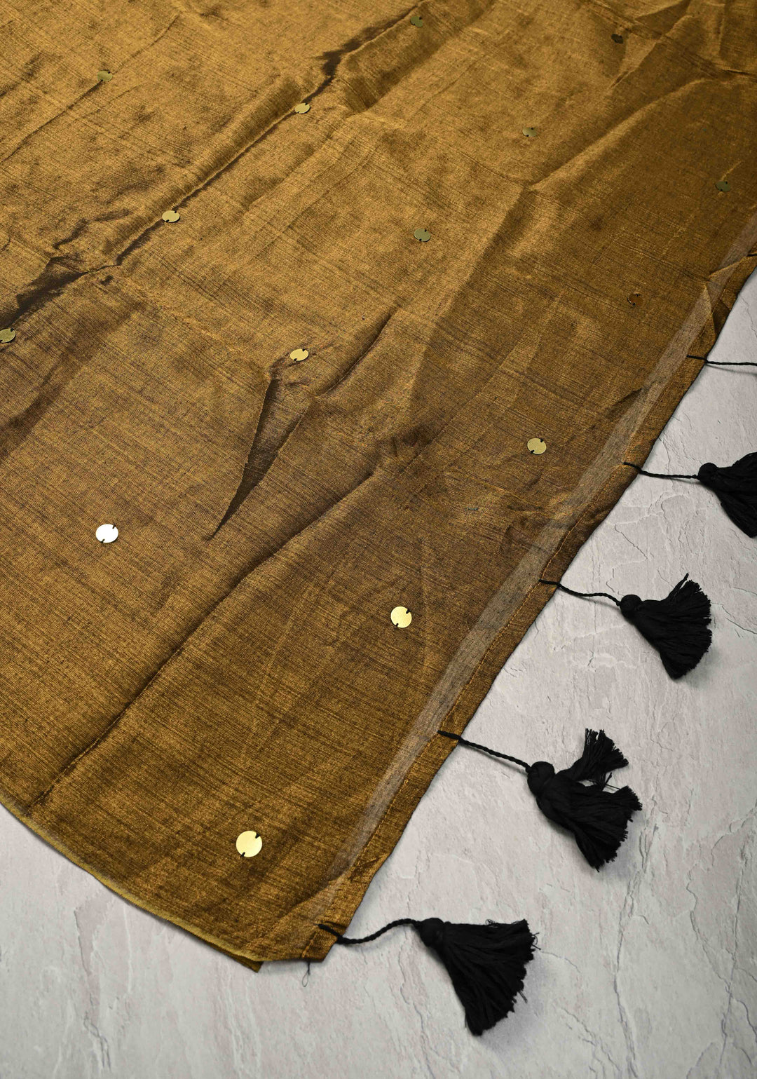 Bronze Tissue by Tissue Saree with Tikki Work and Long Tassels