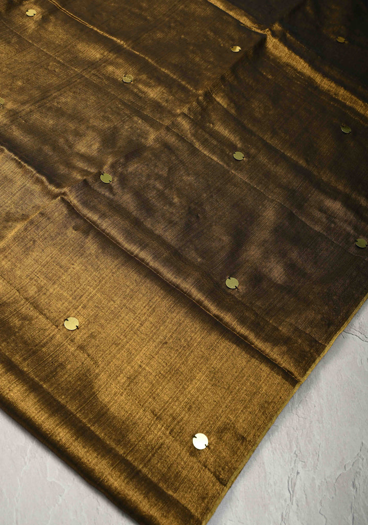 Bronze Tissue by Tissue Saree with Tikki Work and Long Tassels