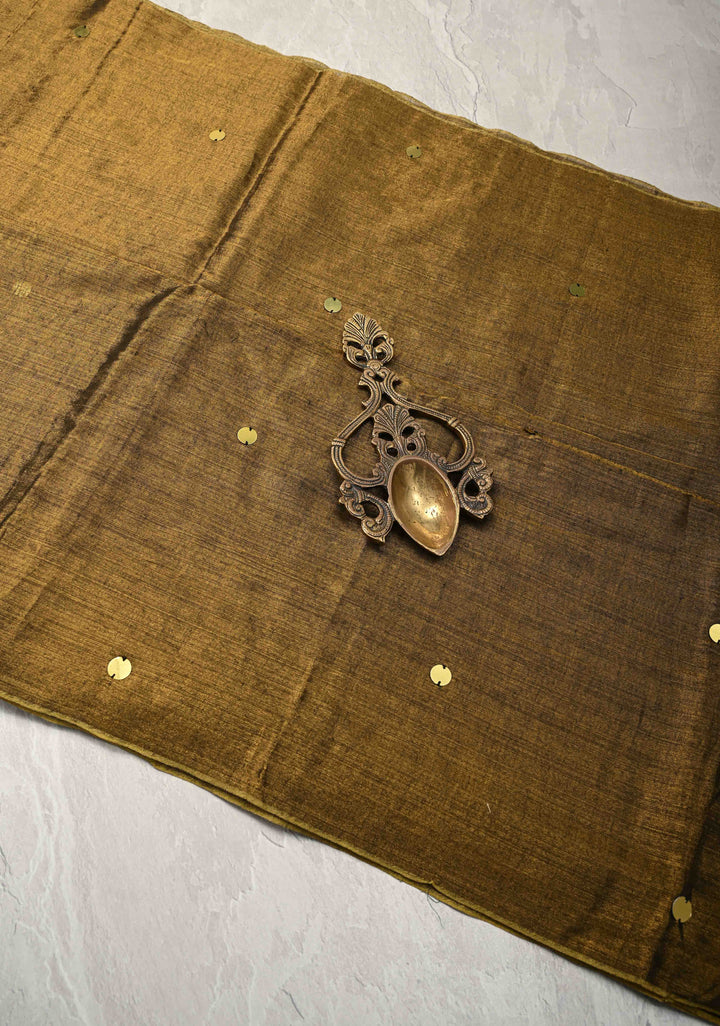 Bronze Tissue by Tissue Saree with Tikki Work and Long Tassels