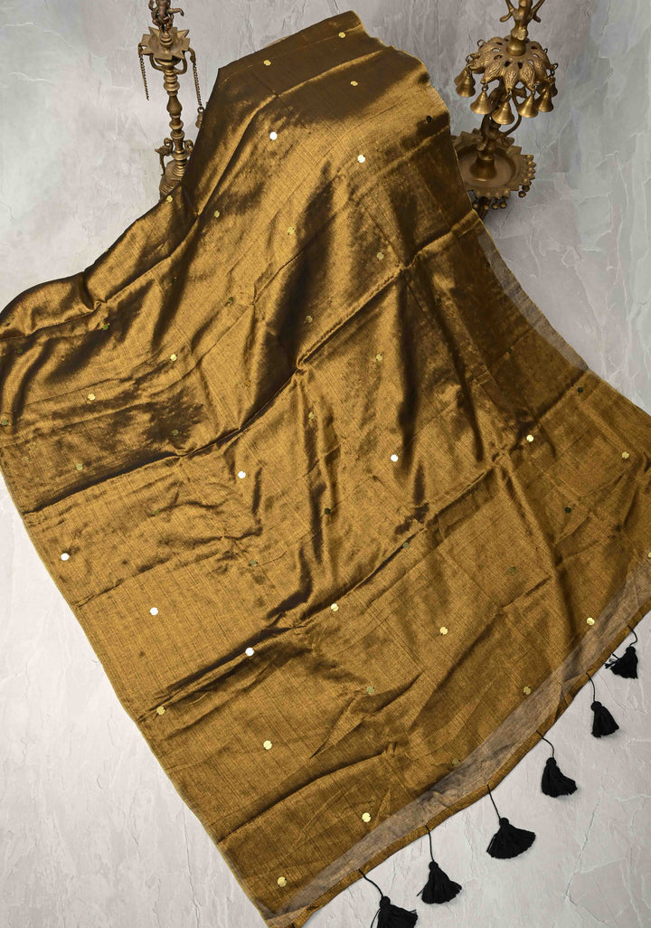Bronze Tissue by Tissue Saree with Tikki Work and Long Tassels