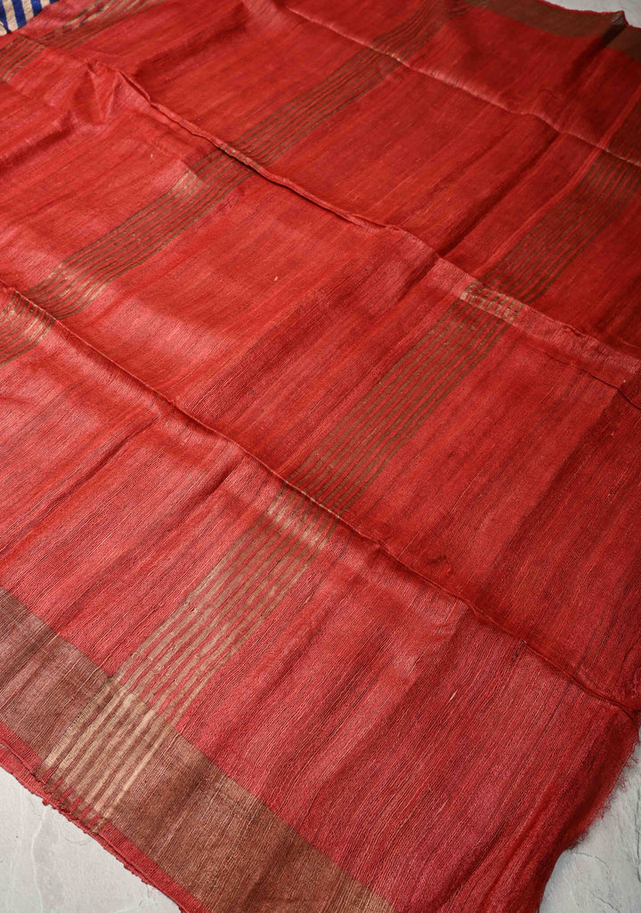 Blue and Beige Geecha Tussar Silk Saree with Chevron Patterns and Contrast Zari Border | SILK MARK CERTIFIED