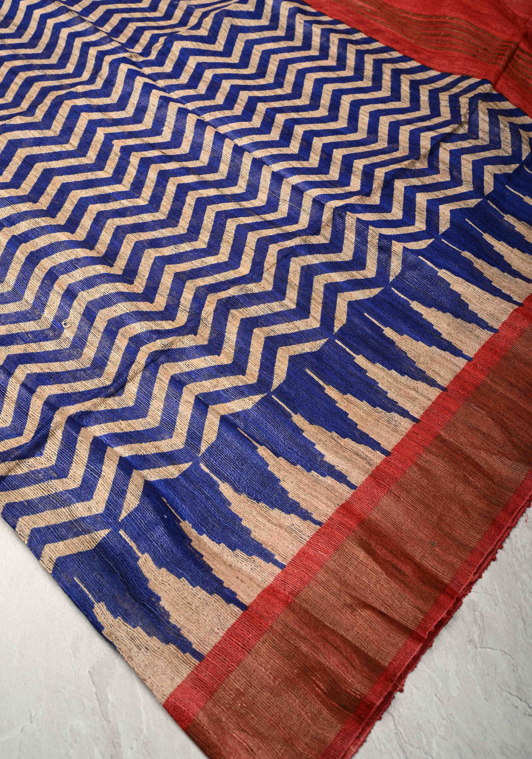 Blue and Beige Geecha Tussar Silk Saree with Chevron Patterns and Contrast Zari Border | SILK MARK CERTIFIED