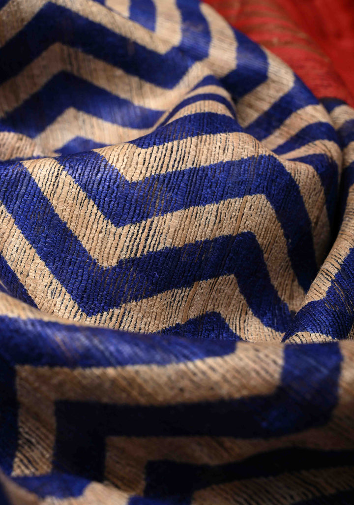 Blue and Beige Geecha Tussar Silk Saree with Chevron Patterns and Contrast Zari Border | SILK MARK CERTIFIED