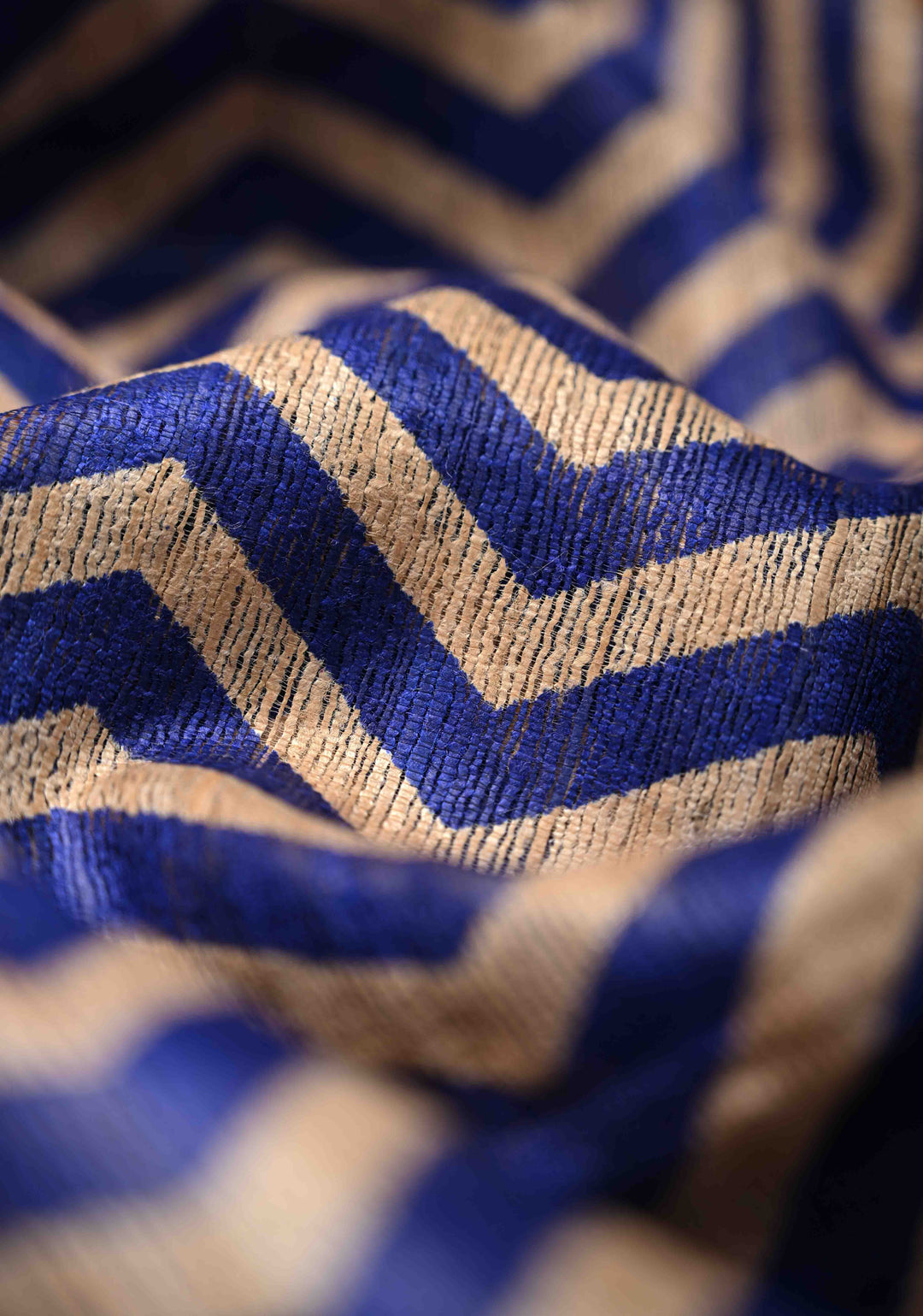 Blue and Beige Geecha Tussar Silk Saree with Chevron Patterns and Contrast Zari Border | SILK MARK CERTIFIED
