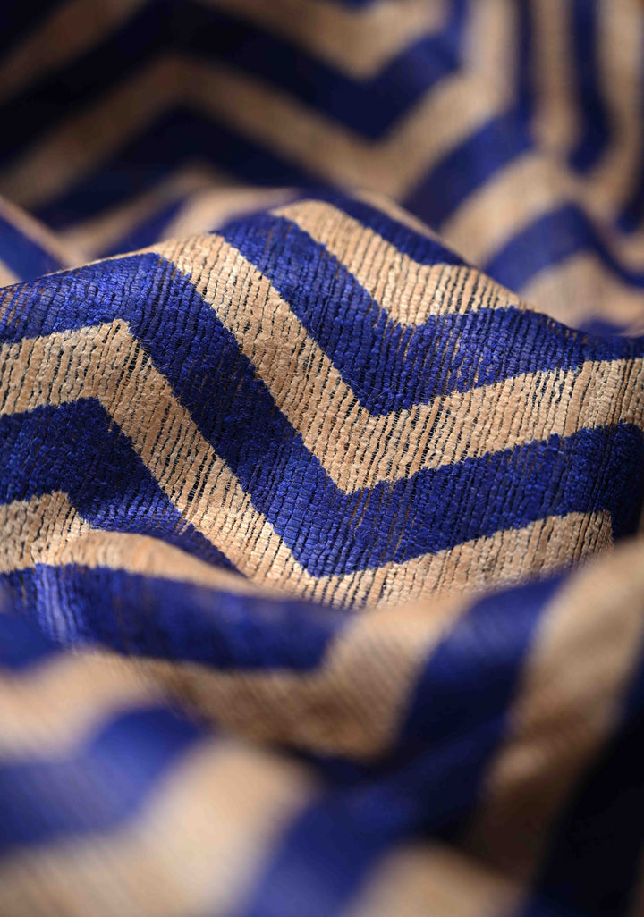 Blue and Beige Geecha Tussar Silk Saree with Chevron Patterns and Contrast Zari Border | SILK MARK CERTIFIED
