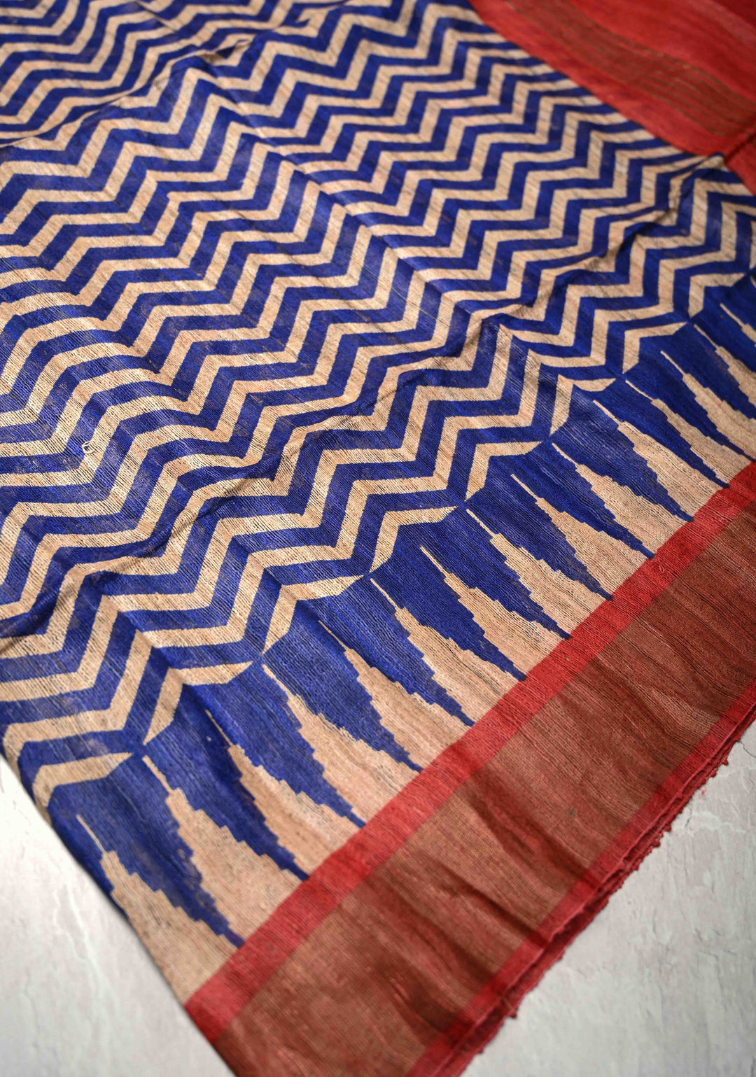 Blue and Beige Geecha Tussar Silk Saree with Chevron Patterns and Contrast Zari Border | SILK MARK CERTIFIED