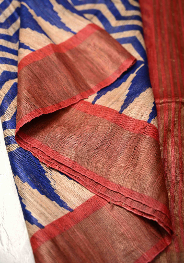 Blue and Beige Geecha Tussar Silk Saree with Chevron Patterns and Contrast Zari Border | SILK MARK CERTIFIED
