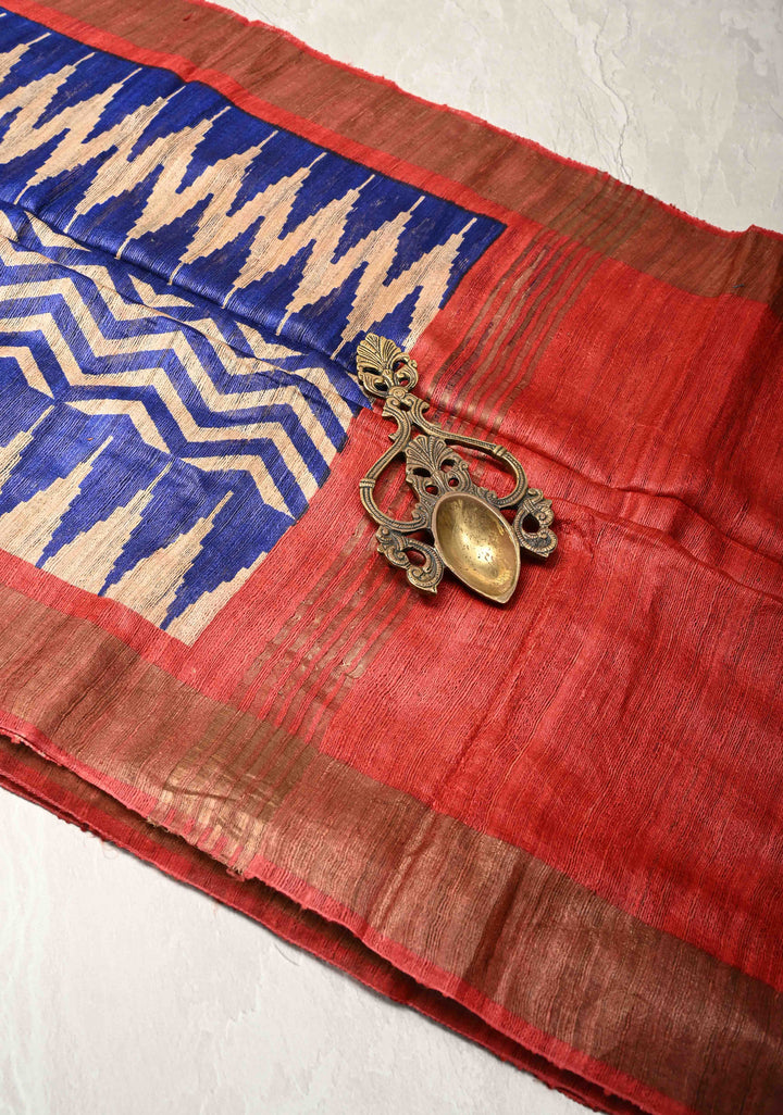 Blue and Beige Geecha Tussar Silk Saree with Chevron Patterns and Contrast Zari Border | SILK MARK CERTIFIED