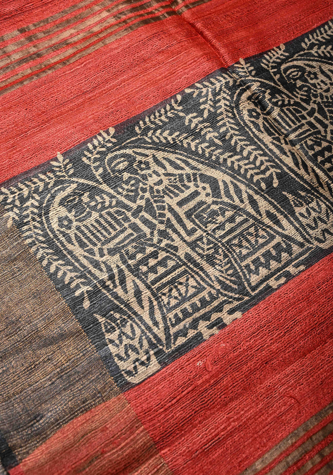 Red Authentic Hand Block Print on Geecha Tussar | SILK MARK CERTIFIED