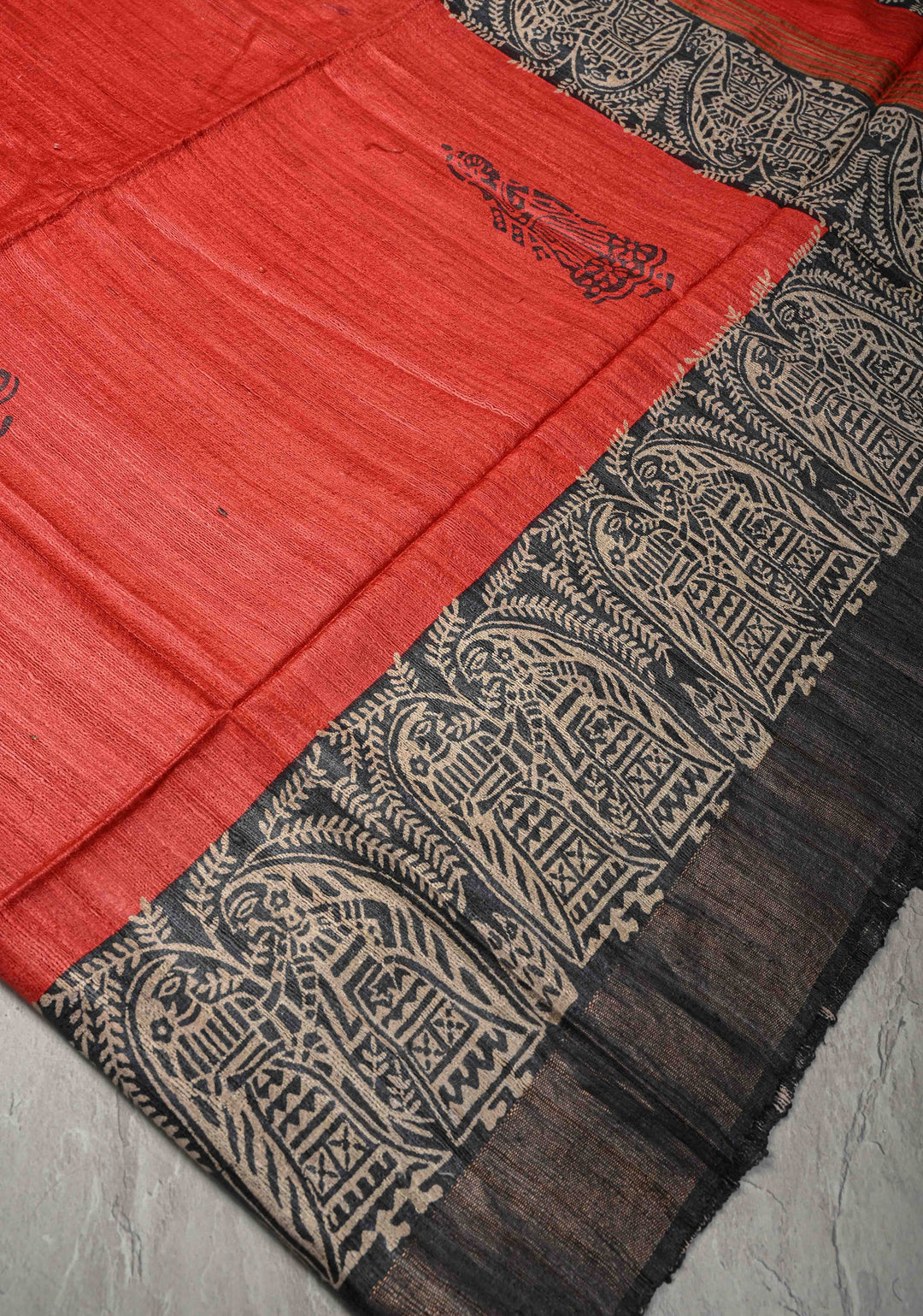 Red Authentic Hand Block Print on Geecha Tussar | SILK MARK CERTIFIED