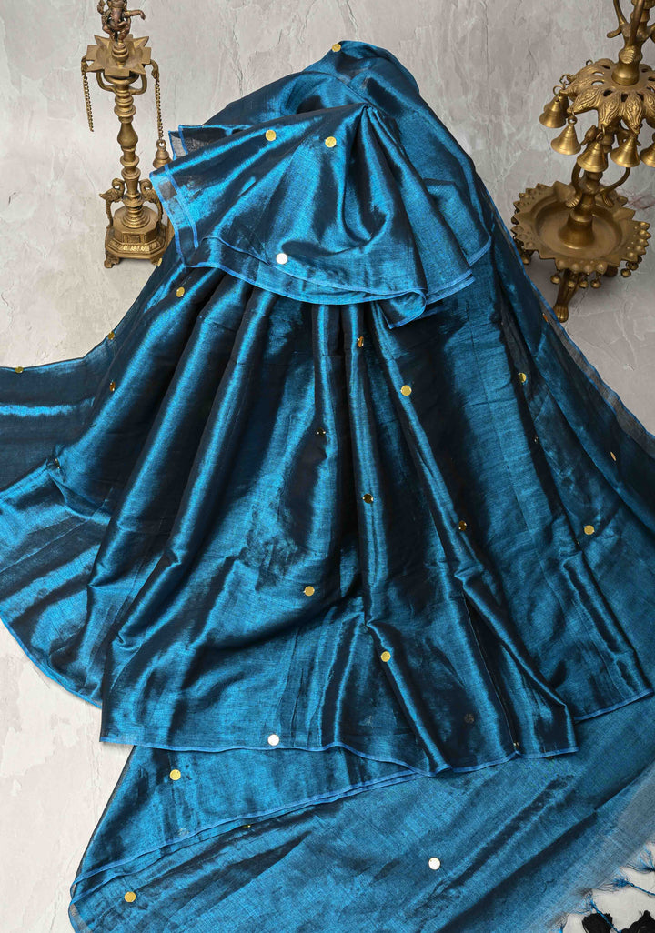 Peacock Blue Tissue by Tissue Saree with Tikki Work and Long Tassels