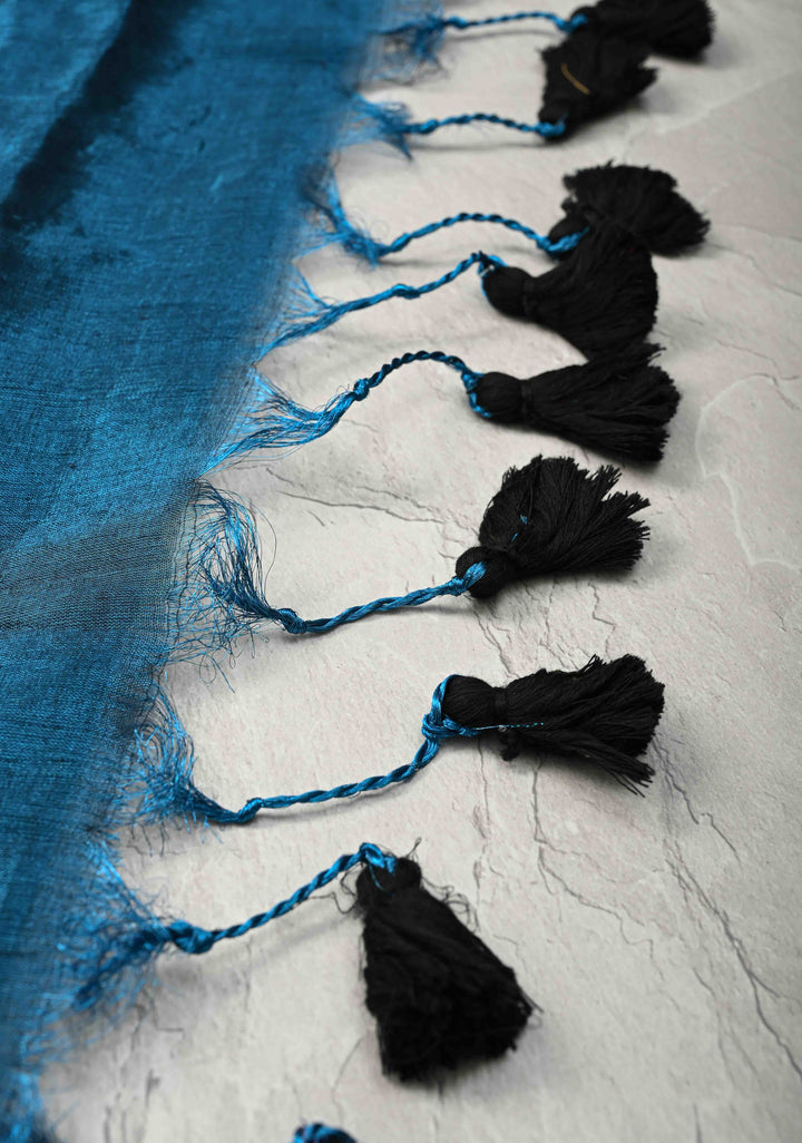 Peacock Blue Tissue by Tissue Saree with Tikki Work and Long Tassels