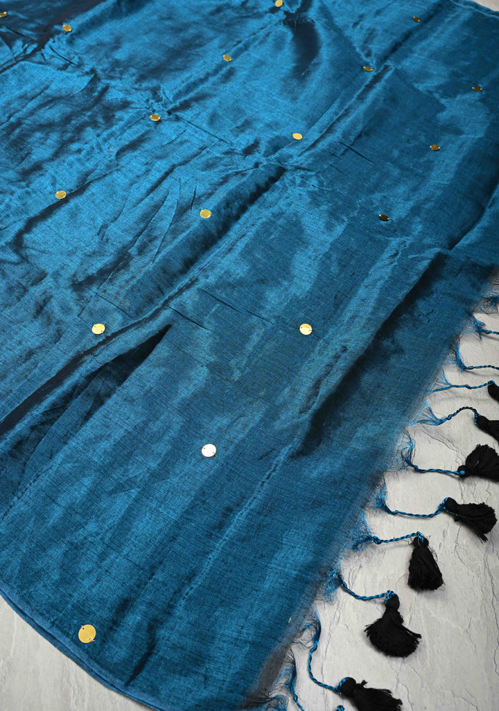 Peacock Blue Tissue by Tissue Saree with Tikki Work and Long Tassels
