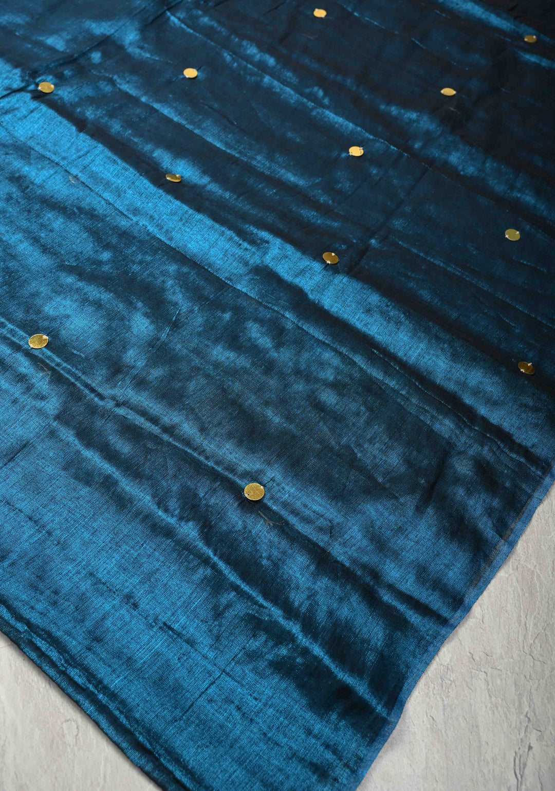 Peacock Blue Tissue by Tissue Saree with Tikki Work and Long Tassels