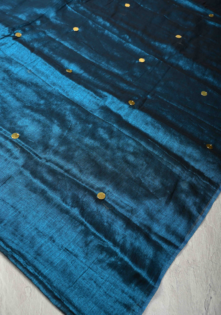 Peacock Blue Tissue by Tissue Saree with Tikki Work and Long Tassels