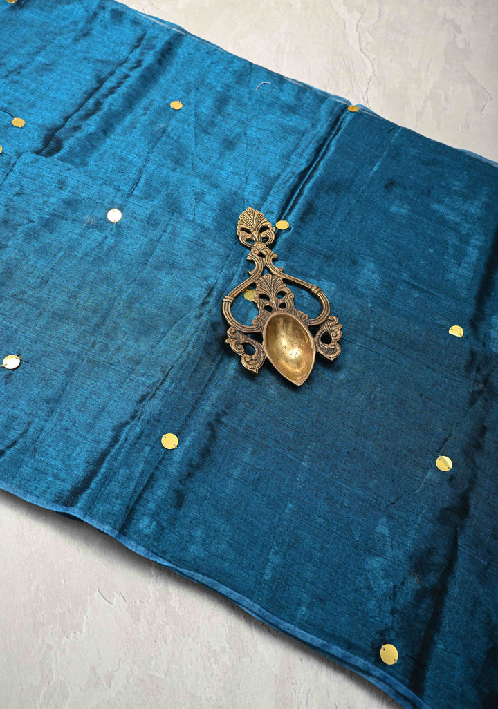 Peacock Blue Tissue by Tissue Saree with Tikki Work and Long Tassels