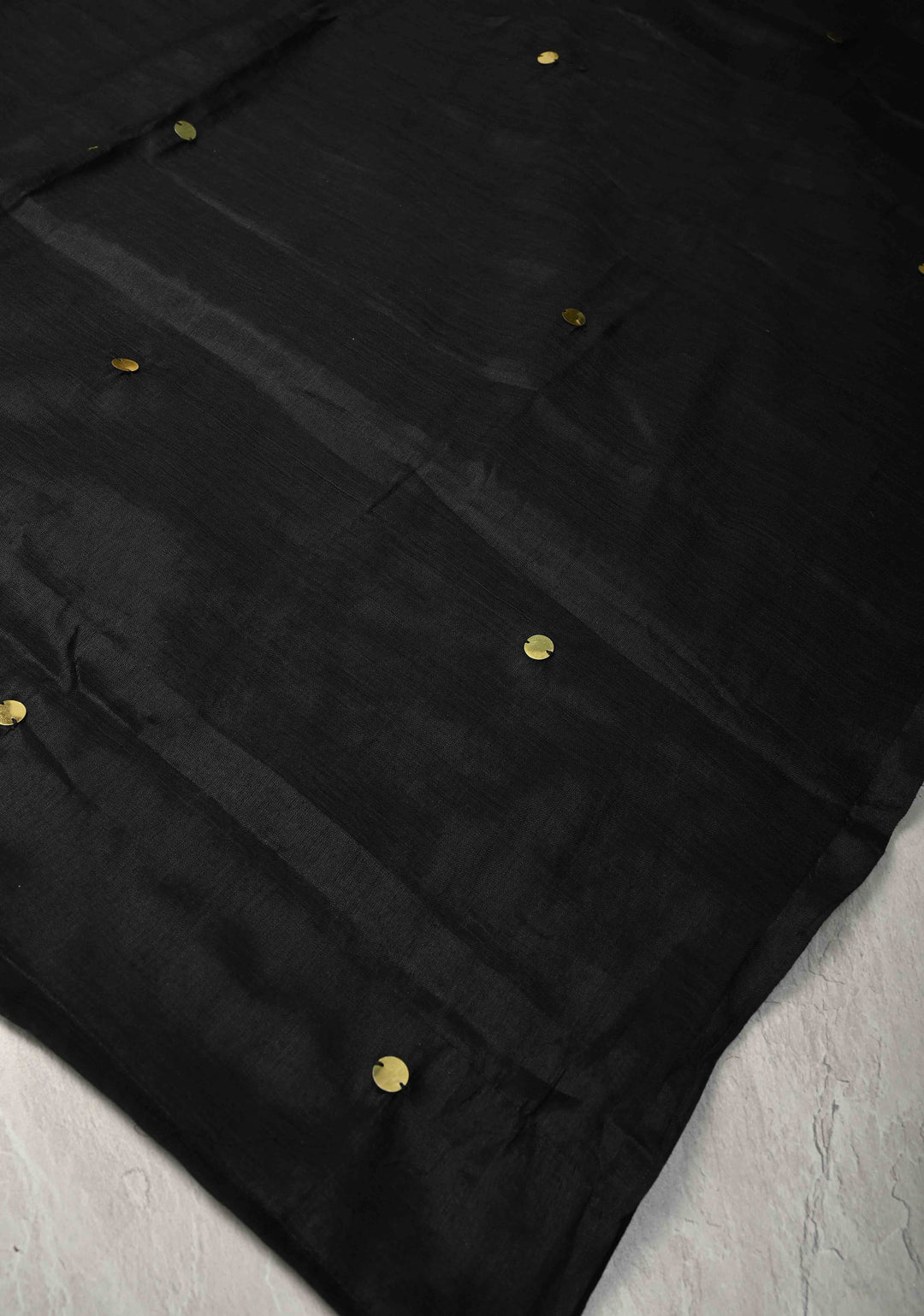Black Cotton Organza Saree with Tikki Work and Long Tassels.