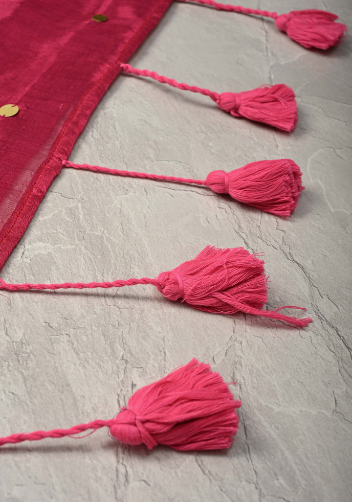 Pomegranate Red Tissue by Tissue Saree with Tikki Work and Long Tassels
