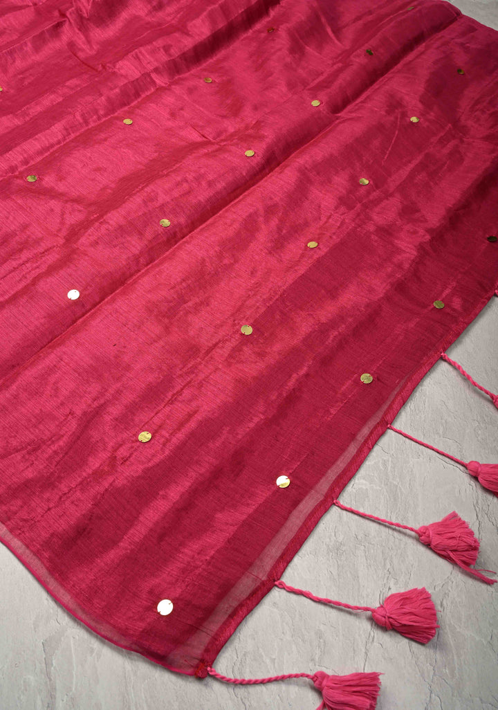 Pomegranate Red Tissue by Tissue Saree with Tikki Work and Long Tassels